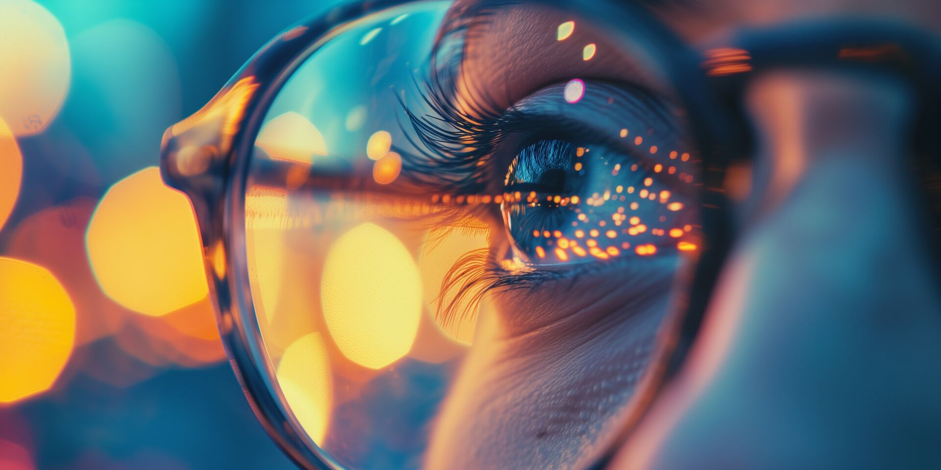 Nahaufnahme eines Auges, betrachtet durch eine Brille, in deren Glas sich Lichter spiegeln. Symbolisiert Klarheit, Vision und den Fokus auf Details im Webdesign und SEO.