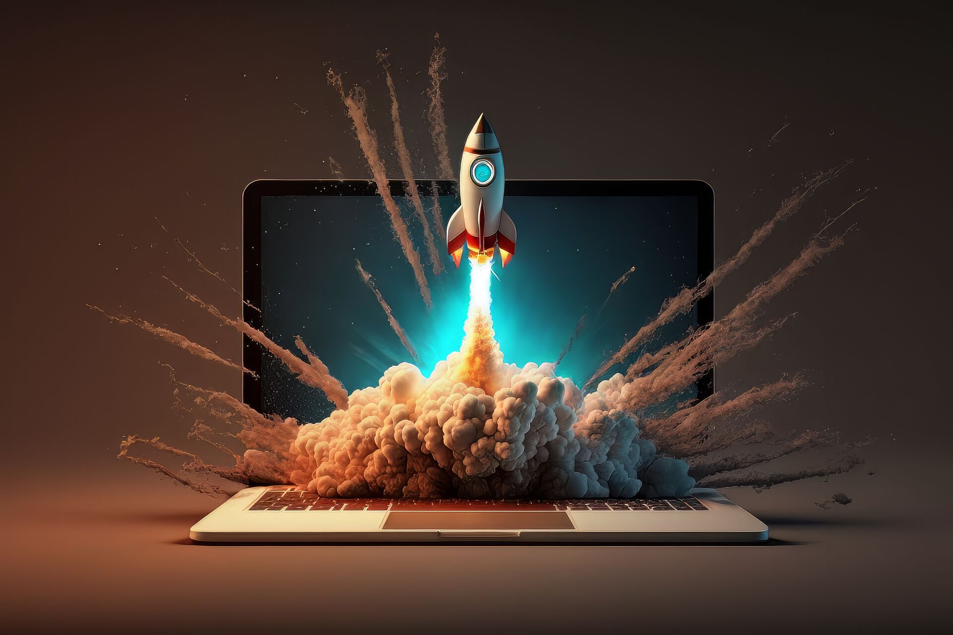 Eine Rakete startet von einem Laptop und symbolisiert schnelles Wachstum und Erfolg im Bereich SEO.