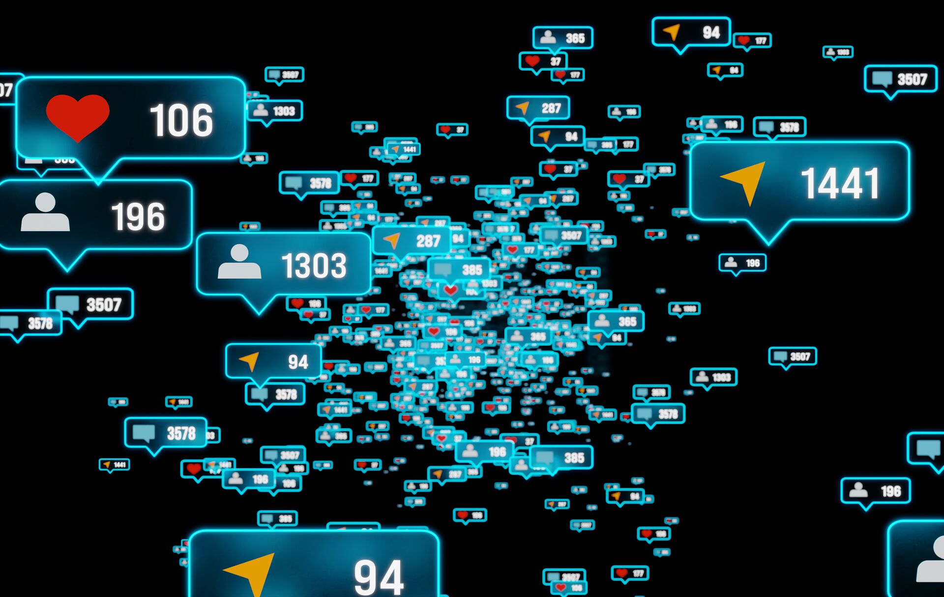 Visualisierung von Social-Media-Aktivität mit zahlreichen Symbolen für Likes, Kommentare und Follower. Veranschaulicht das hohe Engagement und die Interaktion in sozialen Medien.